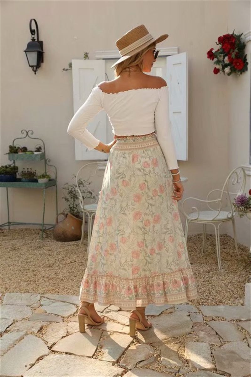 Jupe bohème longue rose