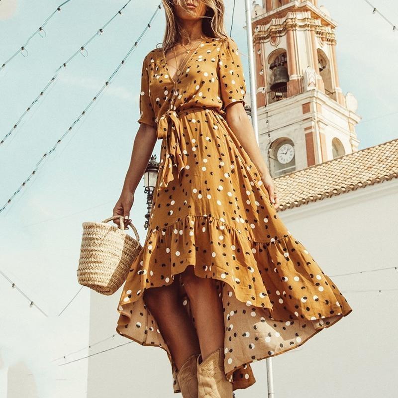 Robe Bohème Jaune à Pois