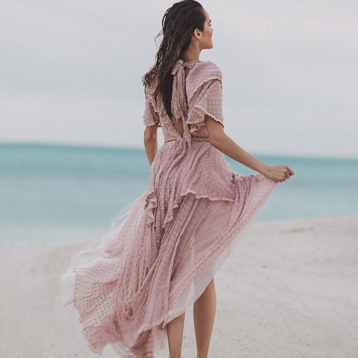 Robe bohème rose longue