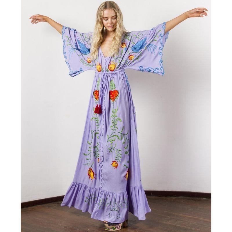 Robe Bohème Violette Maxi Broderie - S