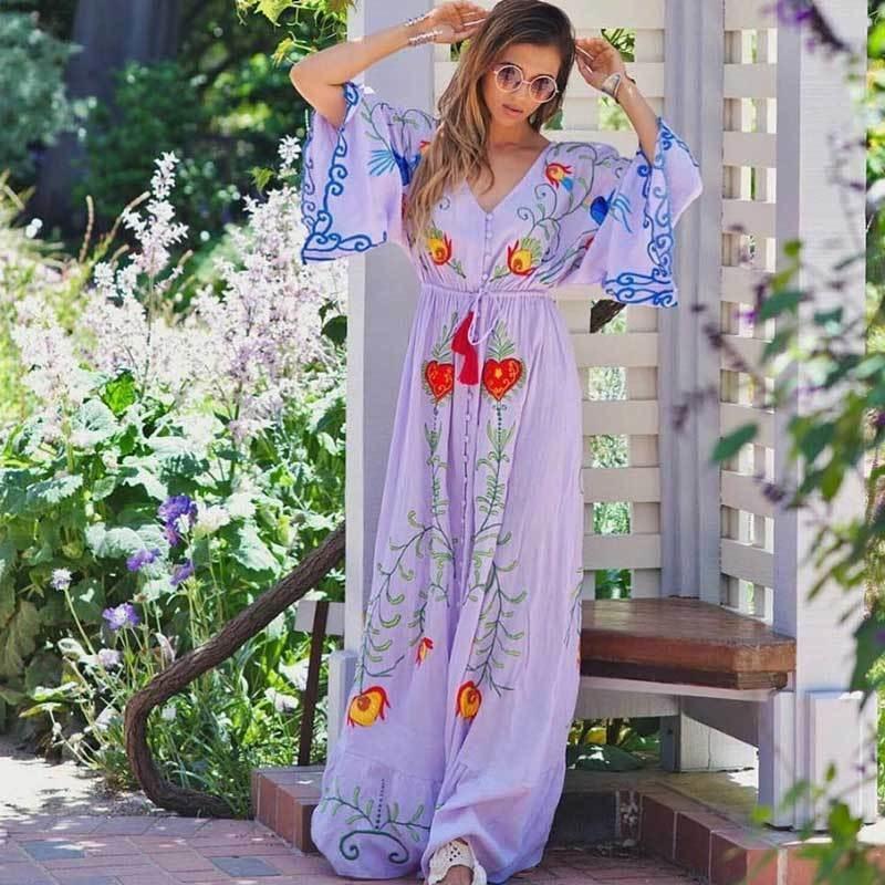 Robe Bohème Violette Maxi Broderie