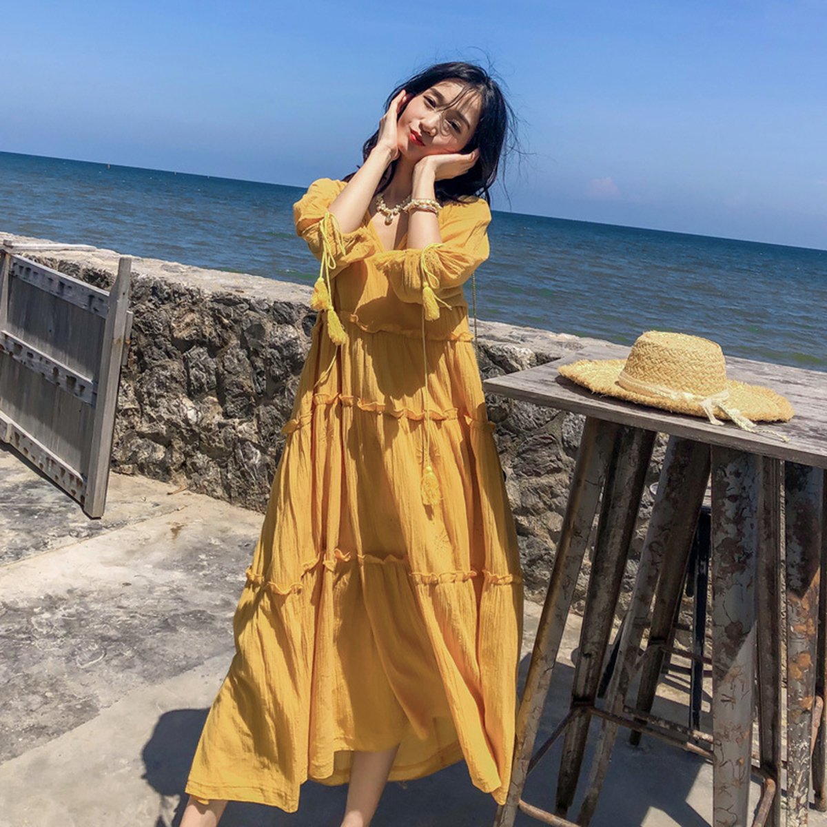 Robe boho longue jaune - Jaune / S