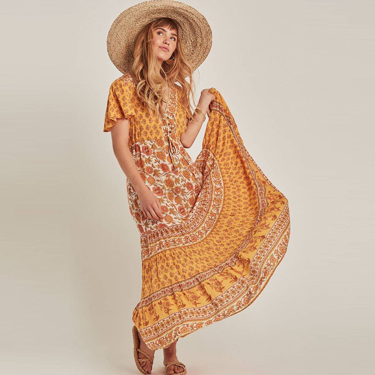 Robe Longue Bohème Tendance - Jaune / S