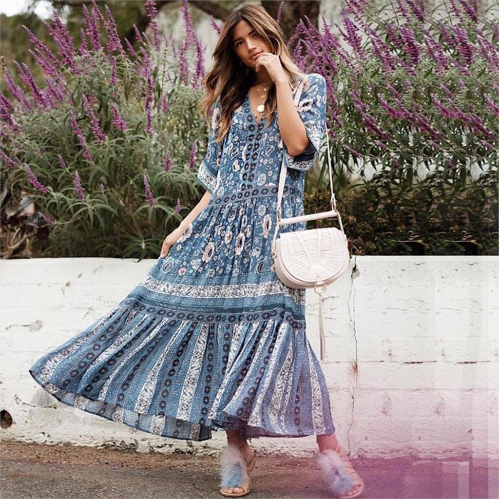 Robe Longue Fluide Hippie - Bleu / S