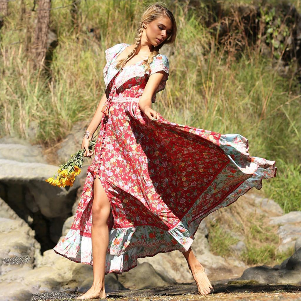 Robe Longue Fluide Imprimée Bohème - Rouge / M