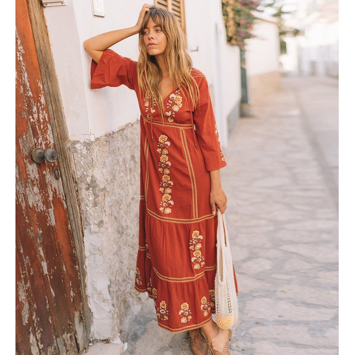 Robe manche longue style boheme - Rouille / S