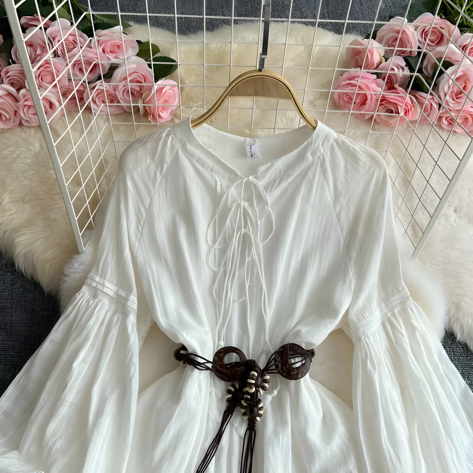 Robe Courte Bohème Blanche avec Ceinture