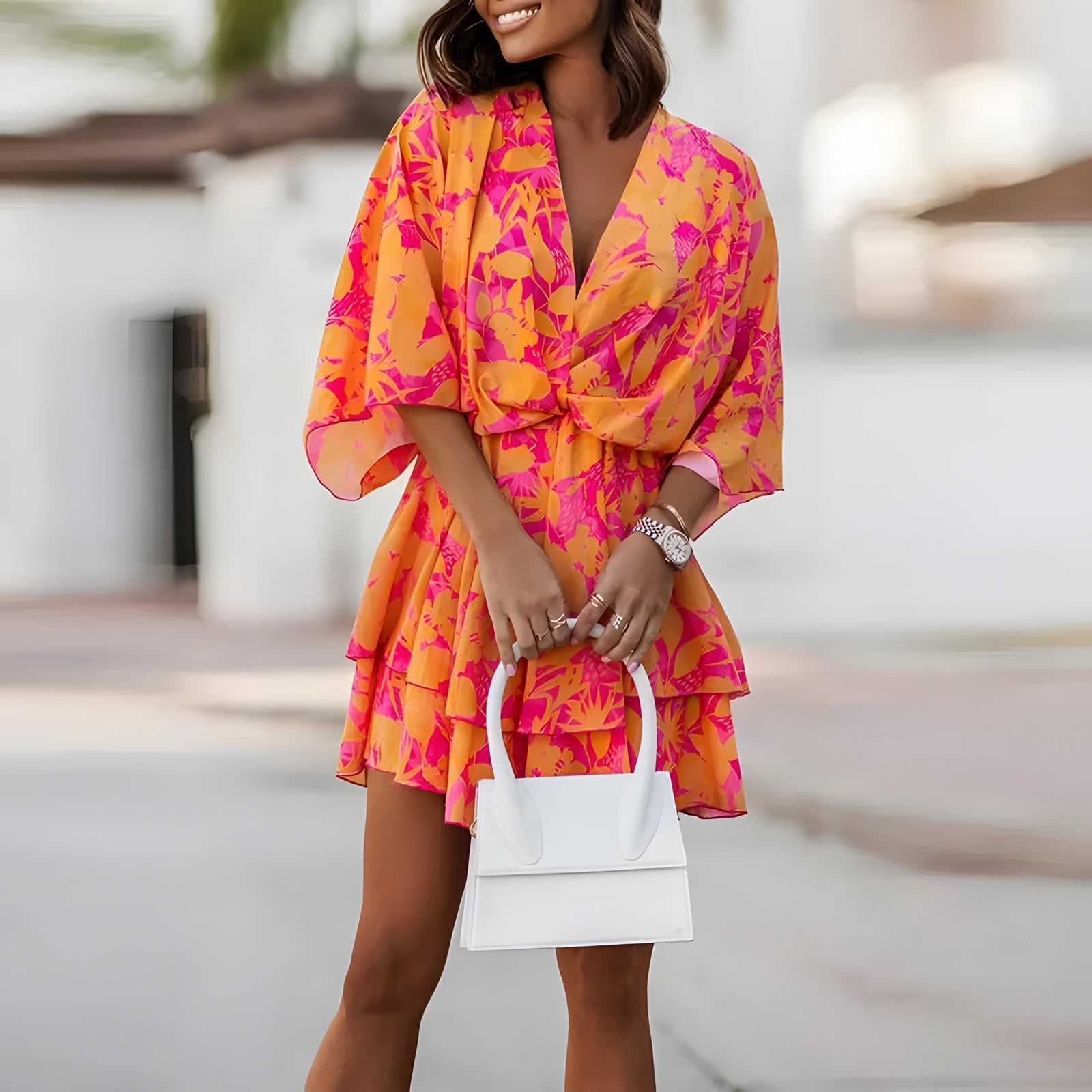 Robe Bohème Courte à Imprimé et Volants