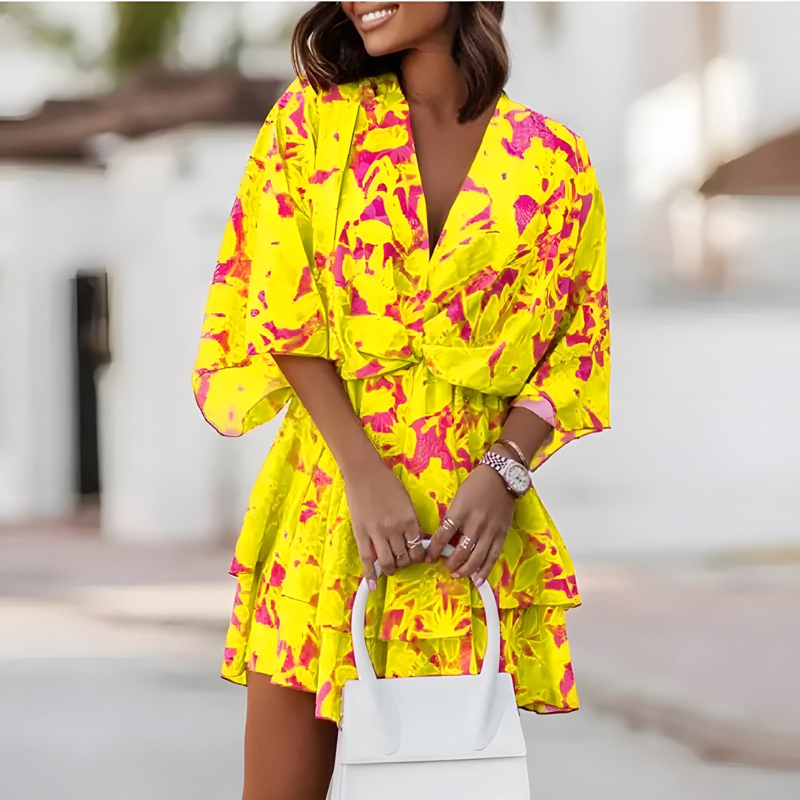 Robe Bohème Courte à Imprimé et Volants