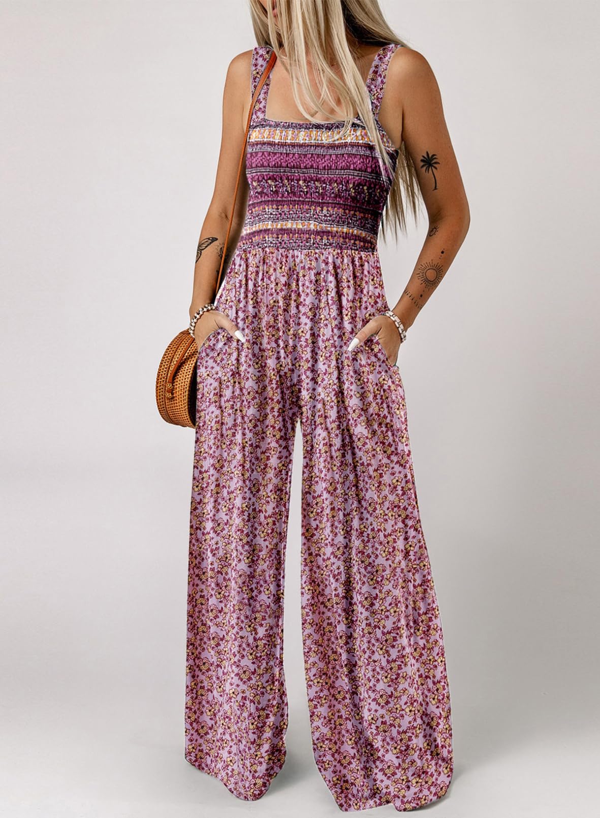 MOKBAY Combinaison Femme Sans Manches Imprimé Floral – Jumpsuit Décontractée Avec Poches – Style Boho Chic Vintage – Confort Été Et Automne