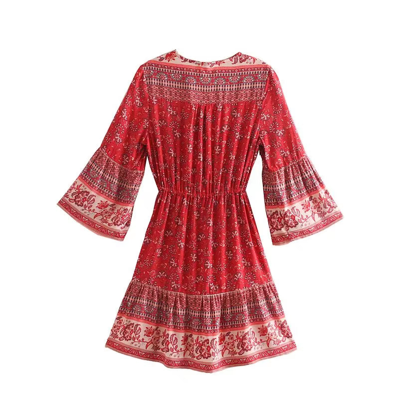 Robe Bohème Courte Ethnique à Col V