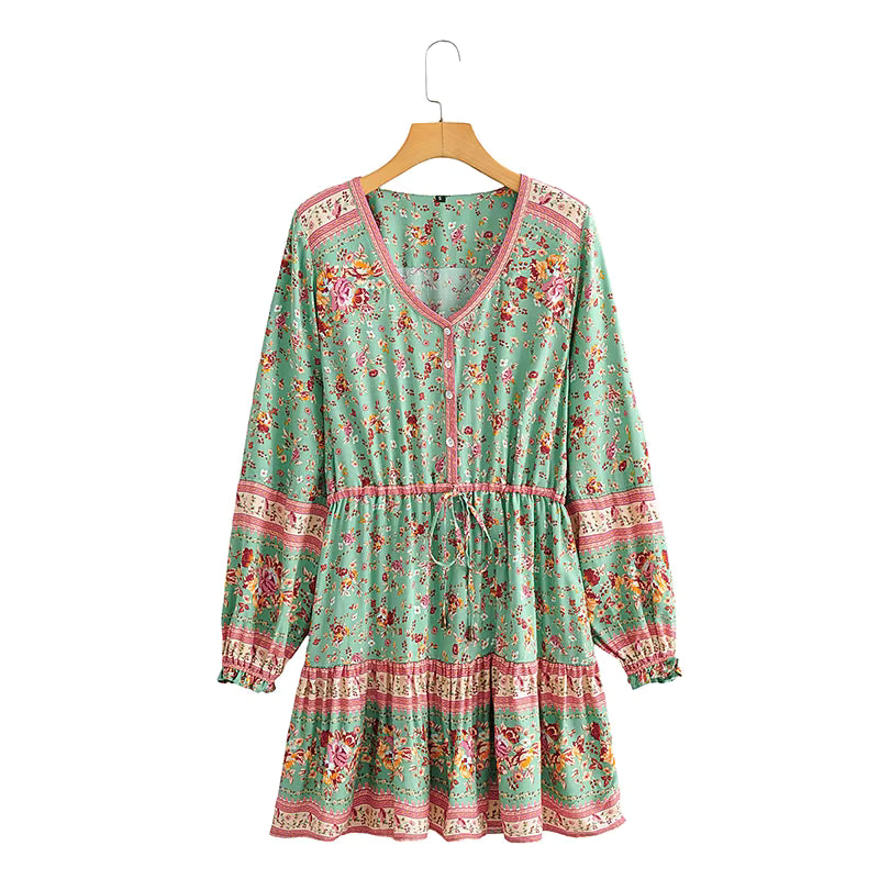 Robe Courte Bohème Fleurie à Motif Ethnique