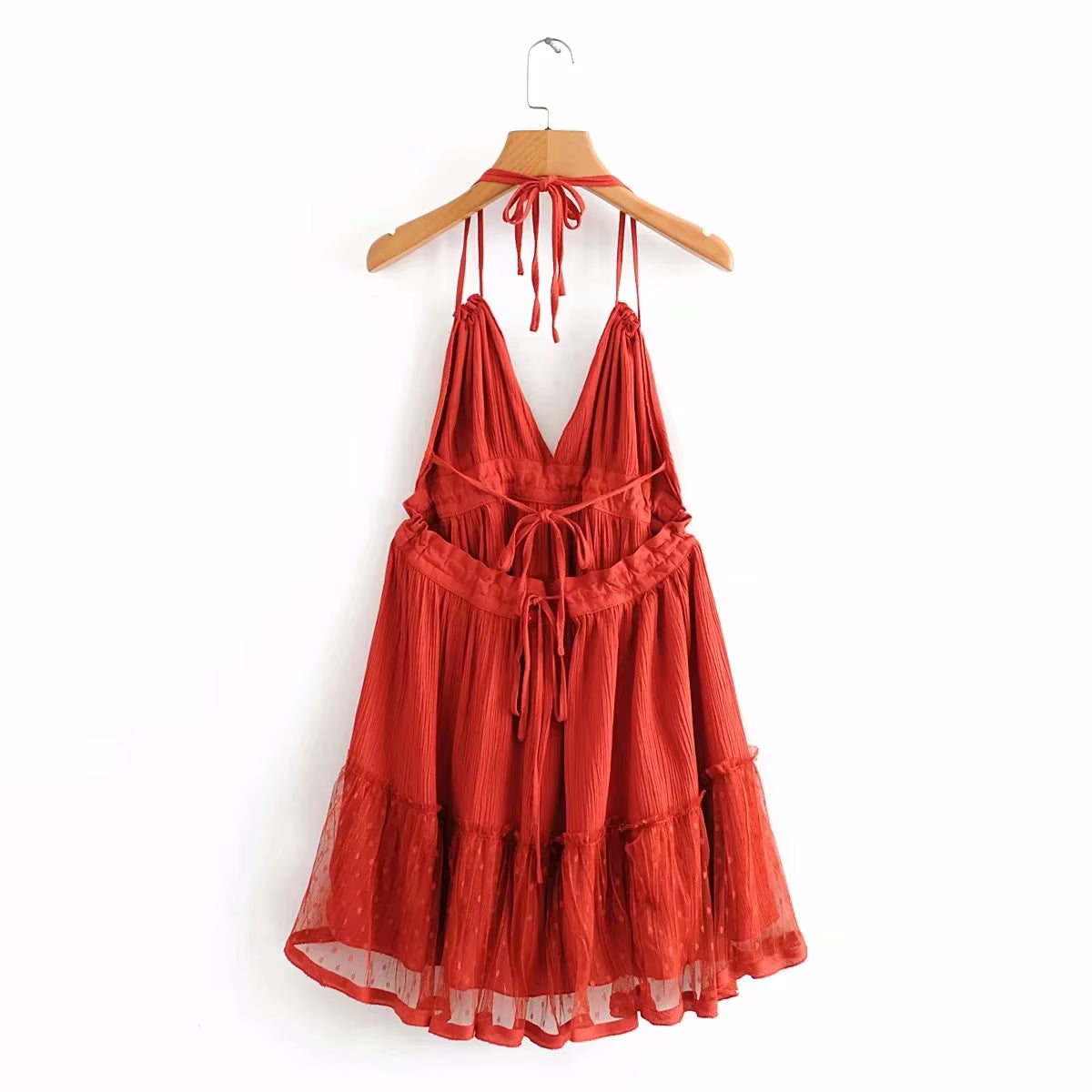Robe Bohème Courte Dos Nu à Col Licou et Volants