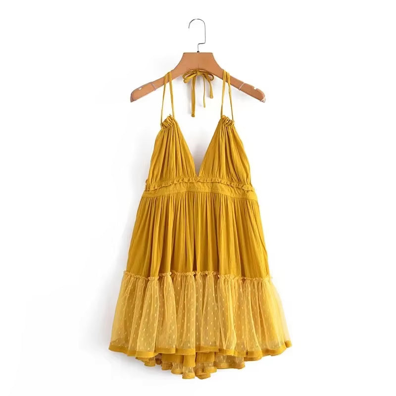 Robe Bohème Courte Dos Nu à Col Licou et Volants