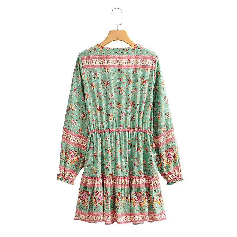 Robe Courte Bohème Fleurie à Motif Ethnique