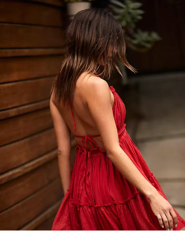 Robe Bohème Courte Dos Nu à Col Licou et Volants