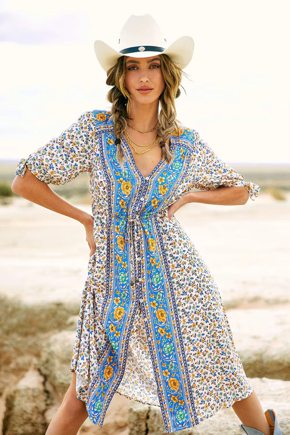 Robe Midi Bohème Hippie à Imprimé Floral
