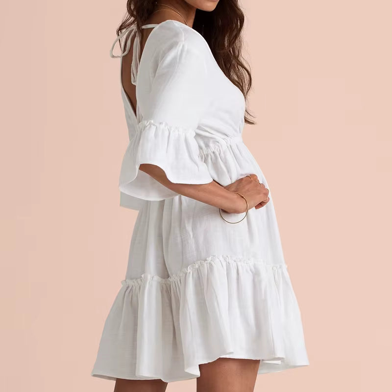 Robe Bohème Courte Blanche à Dos Nu et Volants