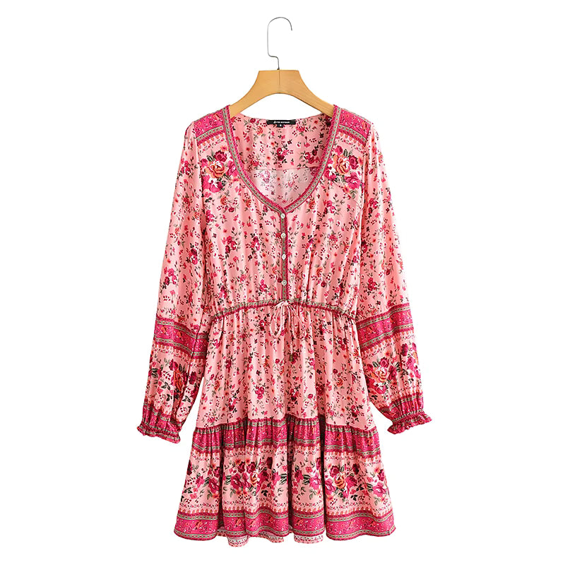 Robe Courte Bohème Fleurie à Motif Ethnique