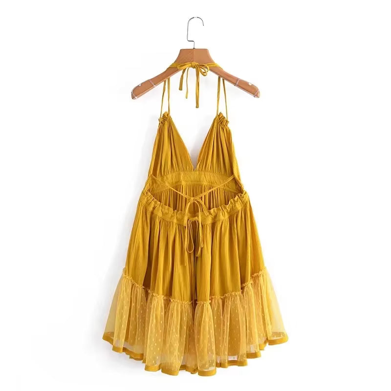 Robe Bohème Courte Dos Nu à Col Licou et Volants