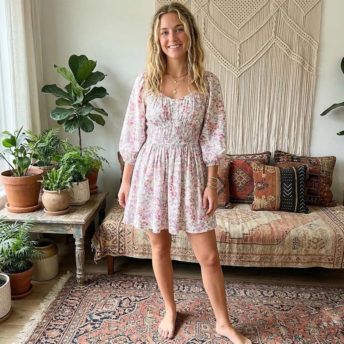 Robe Courte Bohème Fleurie à Manches Longues