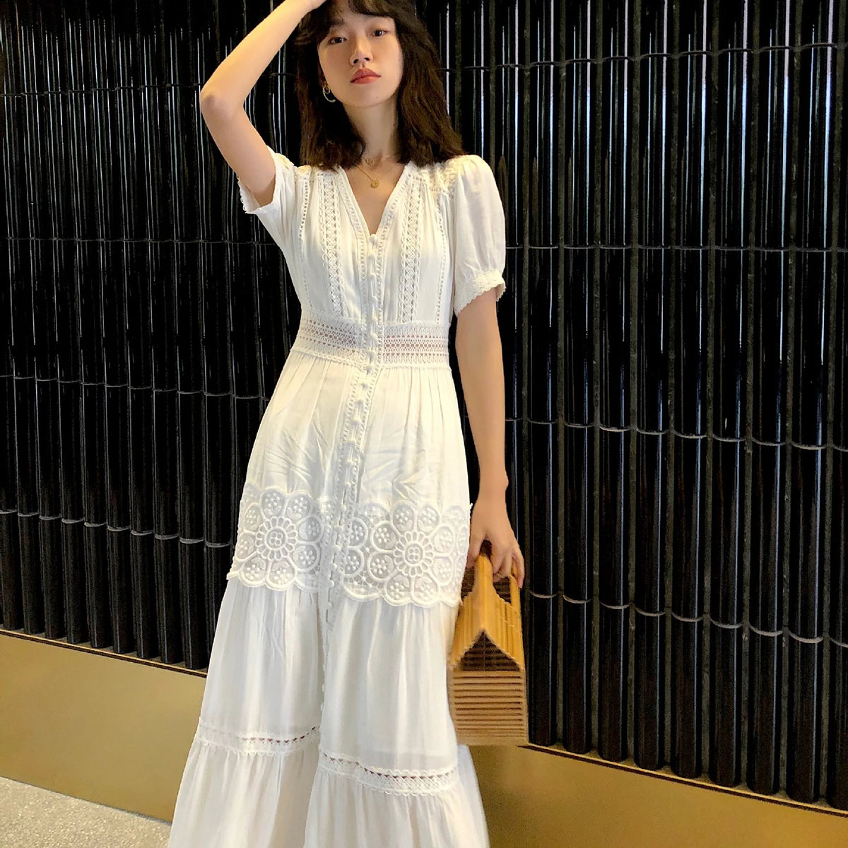 Robe Longue Bohème en Dentelle Col V