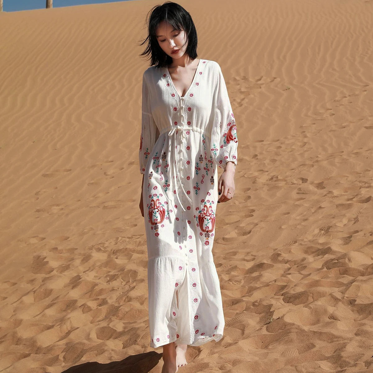 Robe Longue Bohème Blanche Brodée