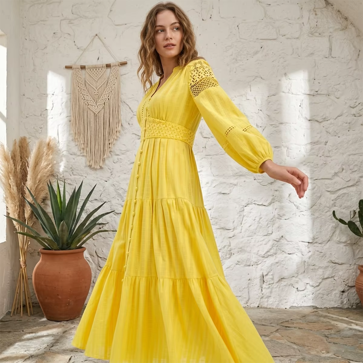 Robe Longue Bohème Col V à Manches Longues
