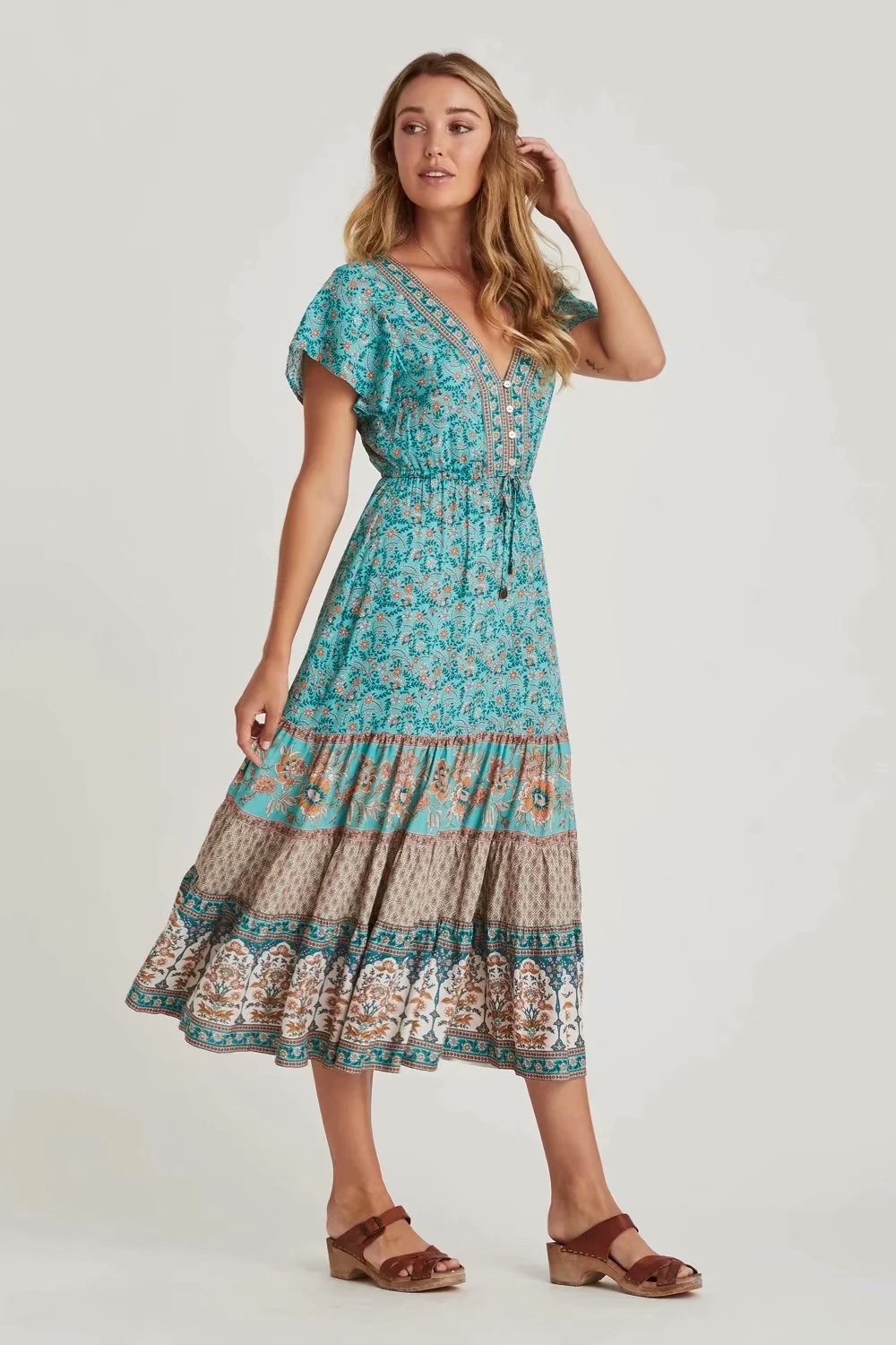 Robe bohème fleurie verte