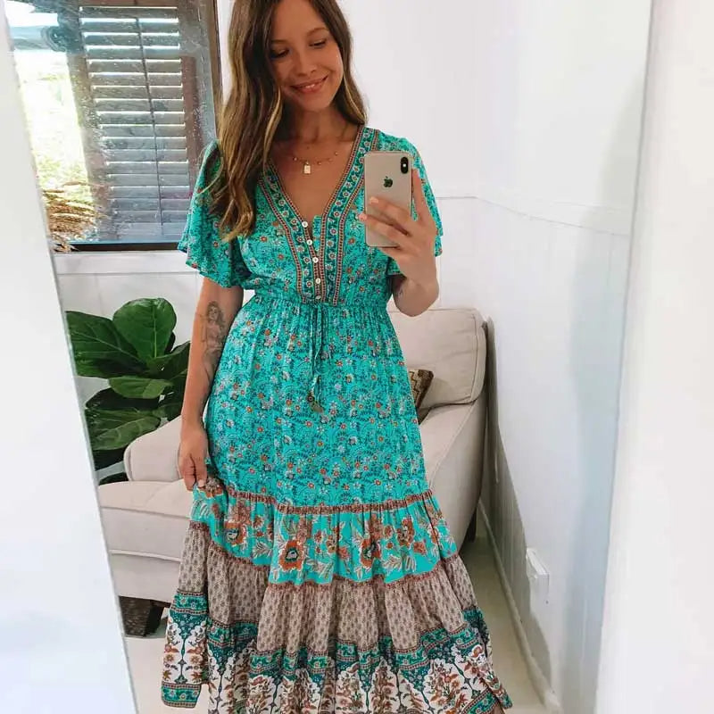 Robe bohème fleurie verte