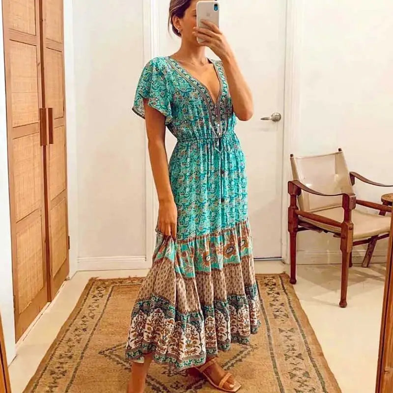 Robe bohème fleurie verte