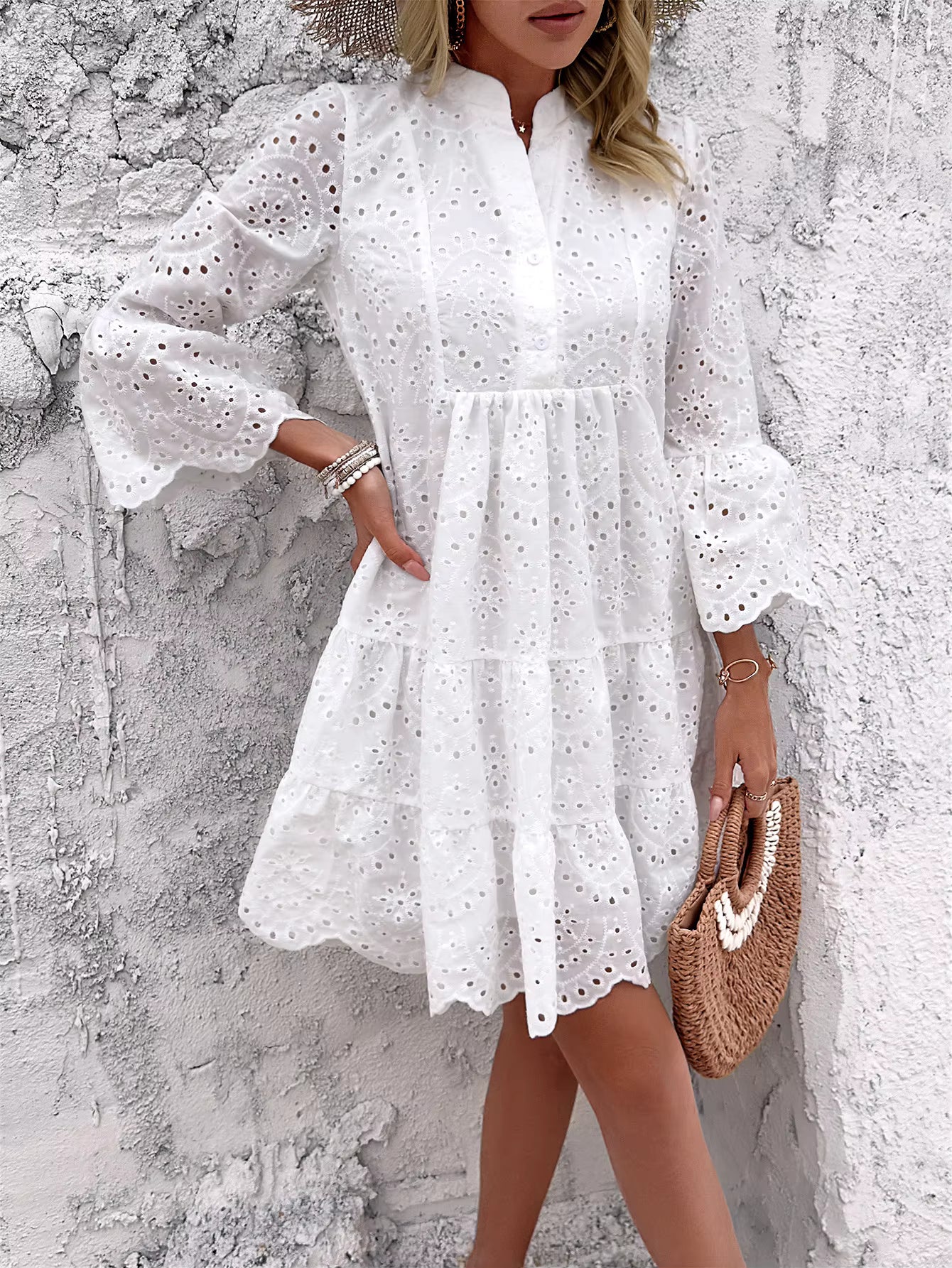 Robe Bohème Courte Brodée à Manches Longues