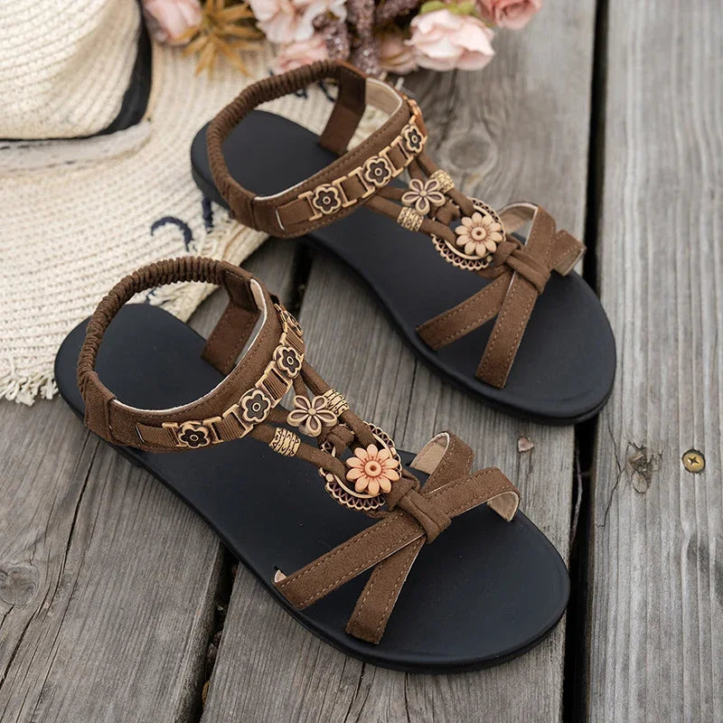 Sandales Bohèmes Plates à Brides avec Perles en Bois