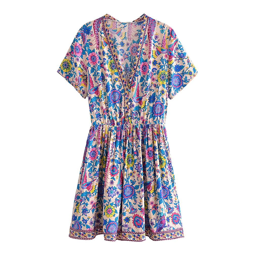 Robe Bohème à Col V et Imprimé Ethnique