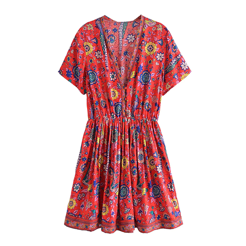 Robe Bohème à Col V et Imprimé Ethnique
