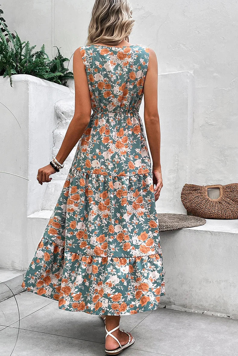 Robe Bohème Verte Fleurie Midi Taille Nouée