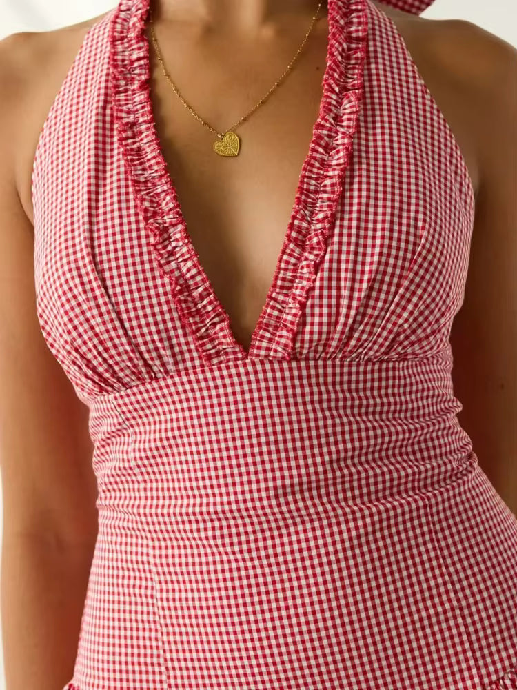 Robe Courte Vichy Rouge à Col Halter Volanté