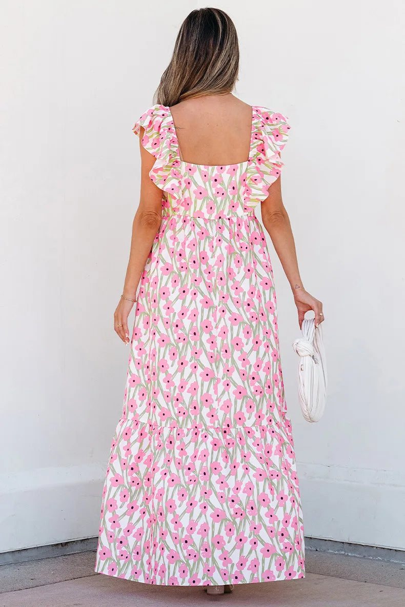 Robe Longue Bohème Chic Fleurie à Volants