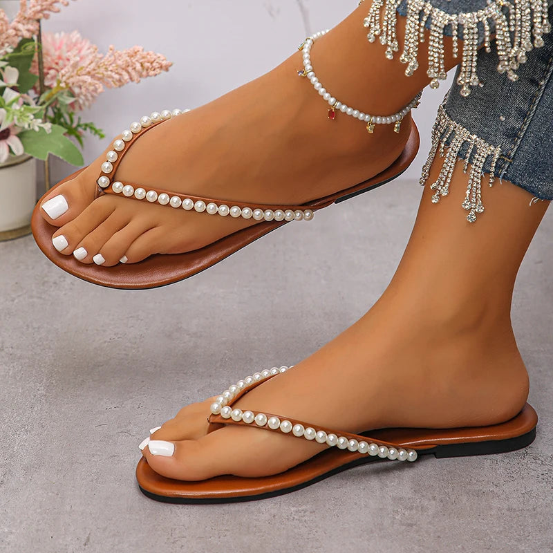 Sandales Bohèmes Plates à Perles Femme
