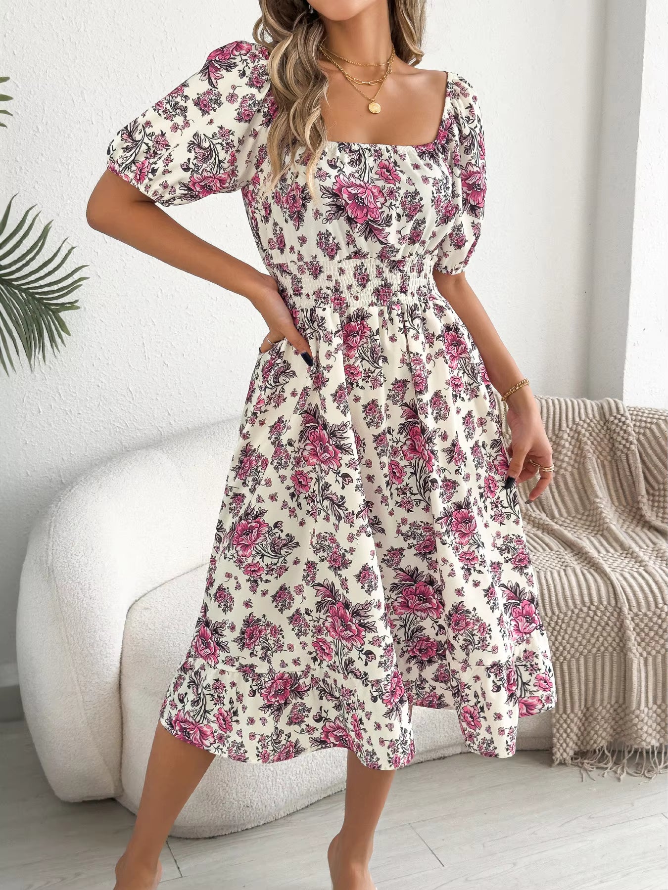 Robe Bohème Mi-Longue Imprimée Fleuri à Col Bardot