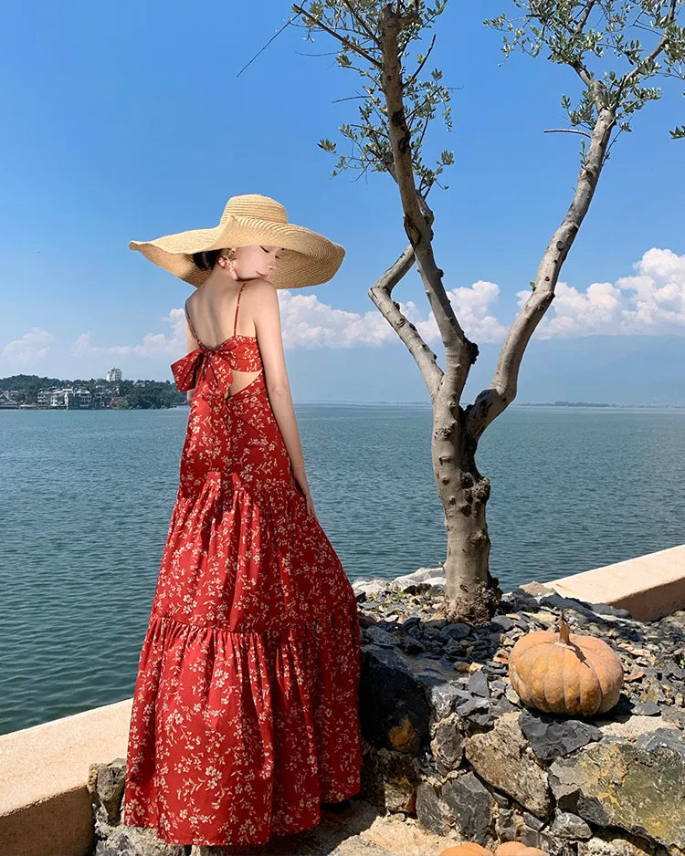 Robe Bohème Longue Rouge Fleurie à Dos Nu