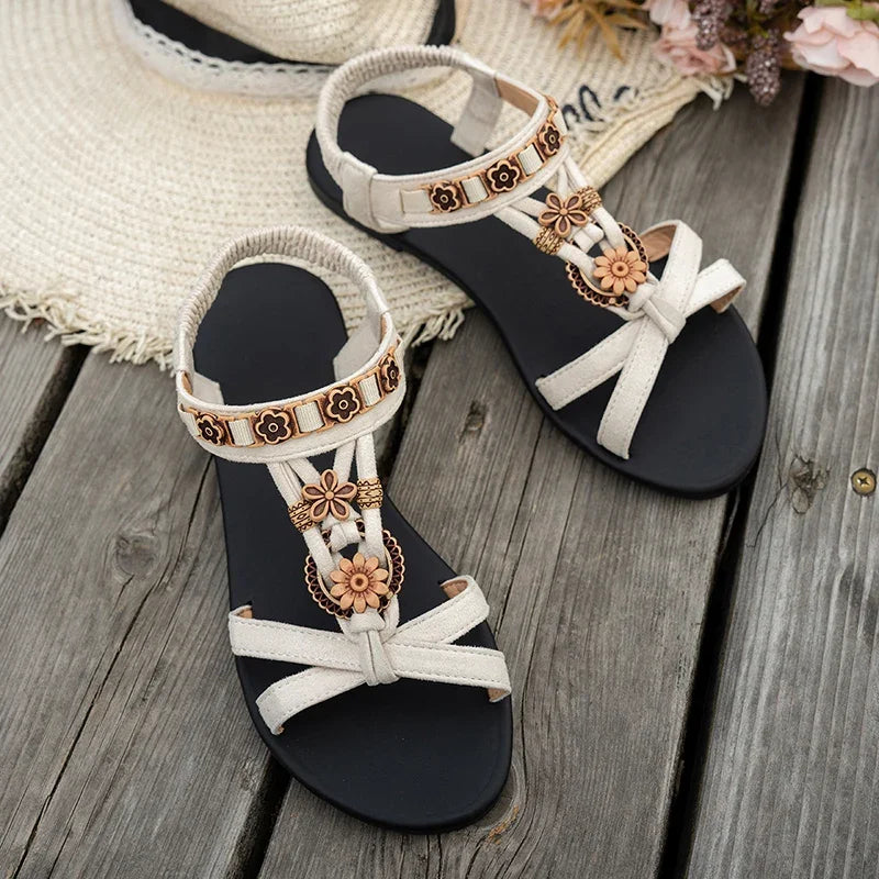 Sandales Bohèmes Plates à Brides avec Perles en Bois