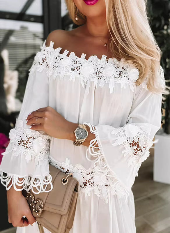 Robe Courte Bohème Épaules Dénudées à Broderies