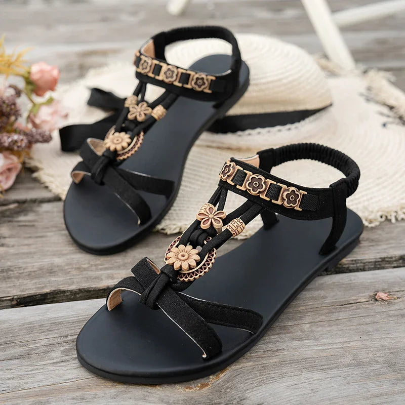 Sandales Bohèmes Plates à Brides avec Perles en Bois