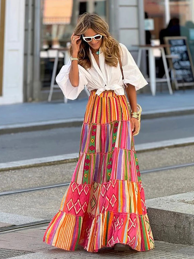 Jupe Longue Bohème Chic à Imprimés Multicolores