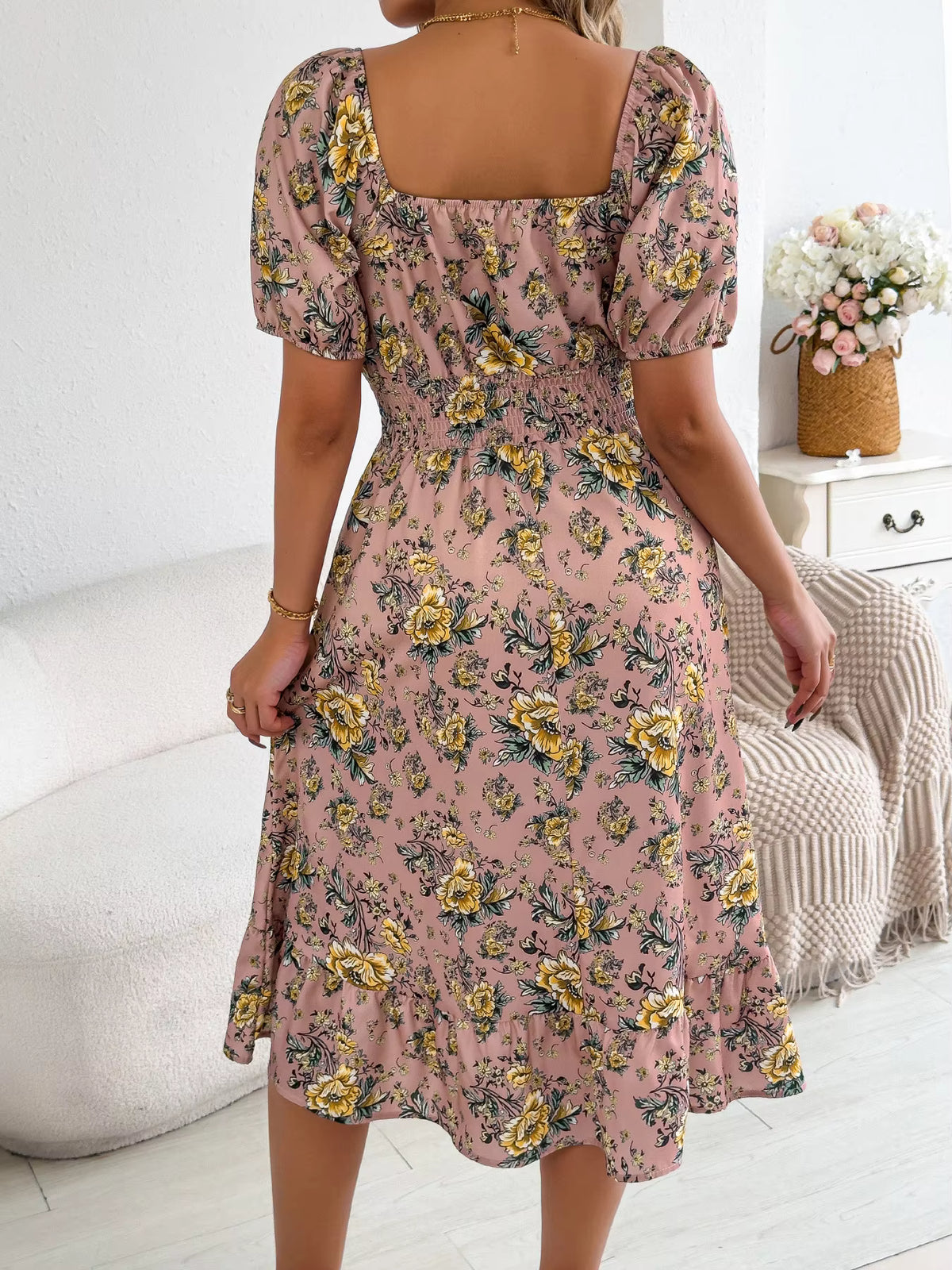 Robe Bohème Mi-Longue Imprimée Fleuri à Col Bardot
