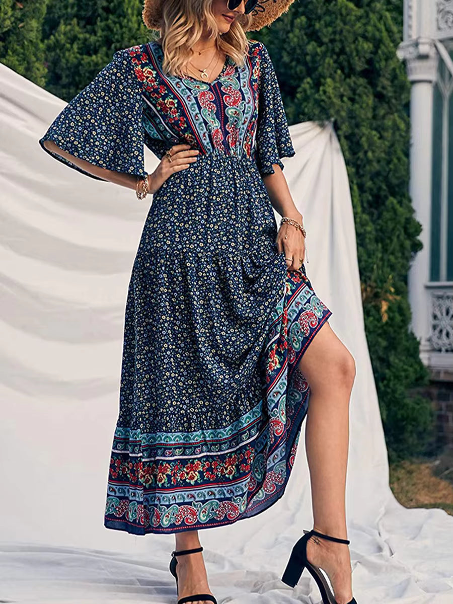Robe Bohème Longue à Imprimé Ethnique et Manches Kimono