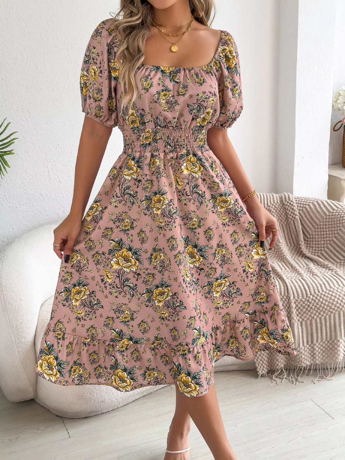 Robe Bohème Mi-Longue Imprimée Fleuri à Col Bardot