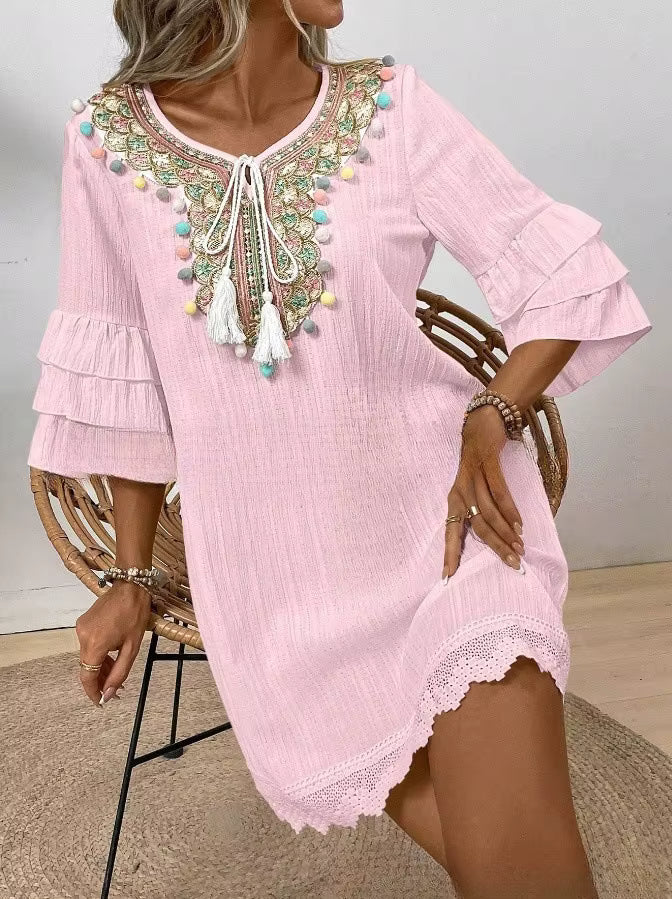 Robe Courte Bohème à Pompons et Broderies