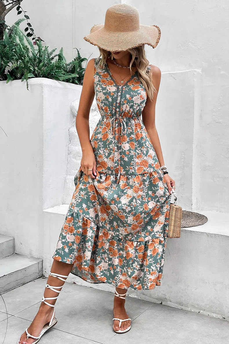 Robe Bohème Verte Fleurie Midi Taille Nouée